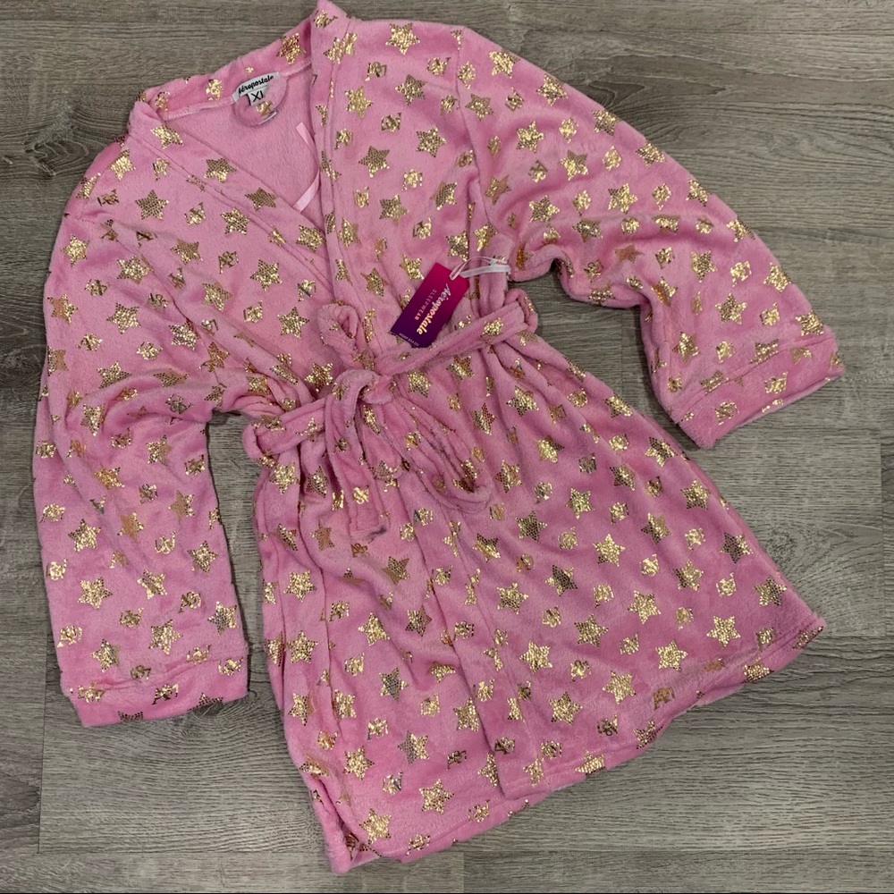 Aeropostale Gold Star Plush Pink Robe Cozy Sleepwear Fleece